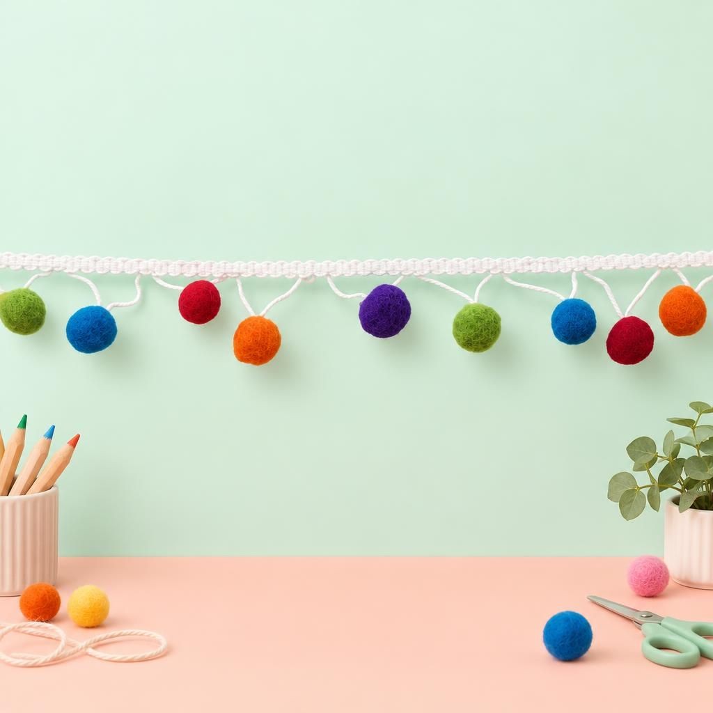 Generiert: Hauptbild – Pompon Girlande, bunt 1m weisses Band