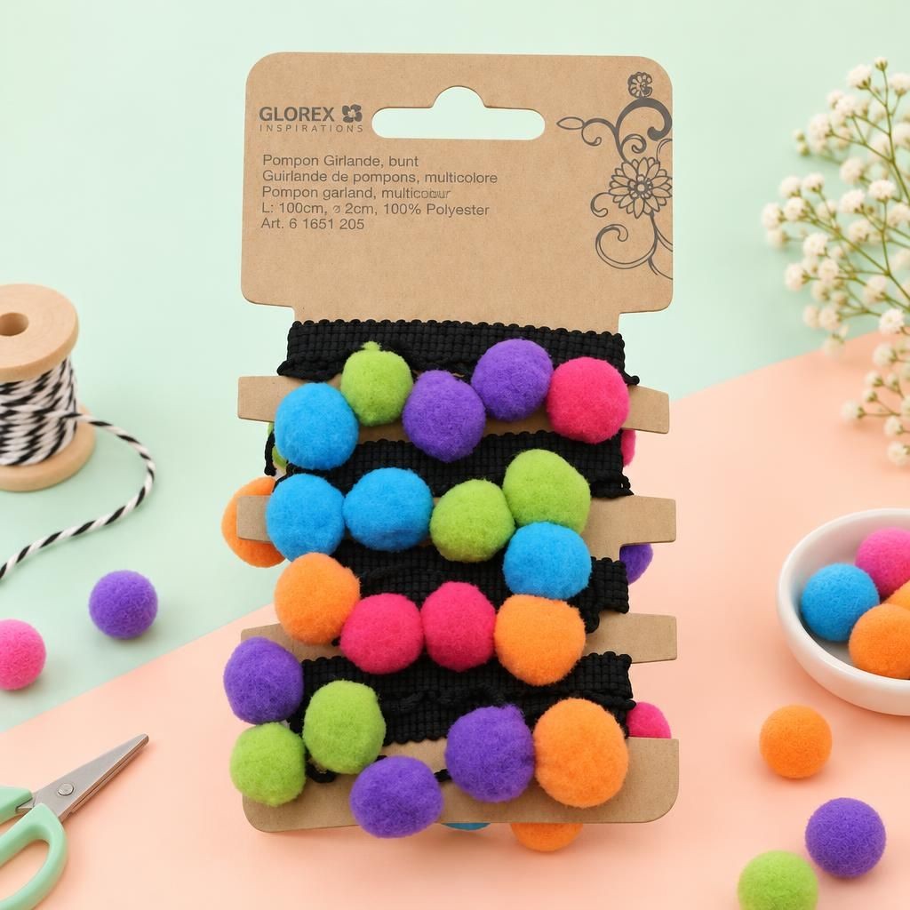 Generiert: Hauptbild – Pompon Girlande, bunt 1m schwarzes Band