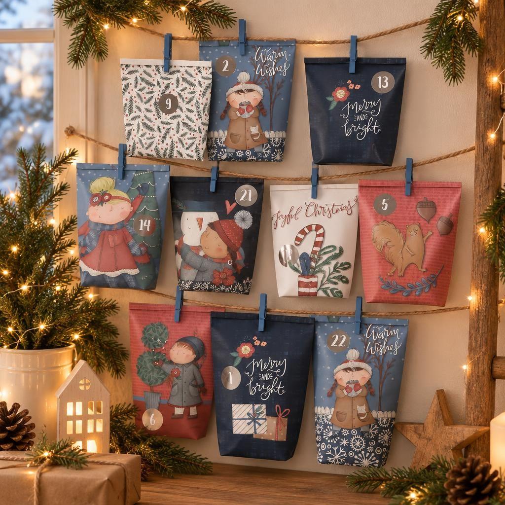 Fertiges Produkt – Adventskalender mit bedruckten Tüten - Dunkelblau