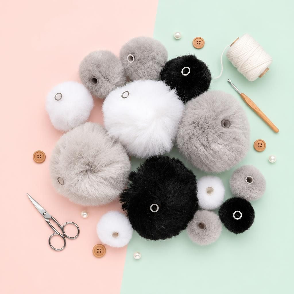 Hauptbild – Acryl Pompons mit Öse ca 45 Stk. schwarz/weiss/grau