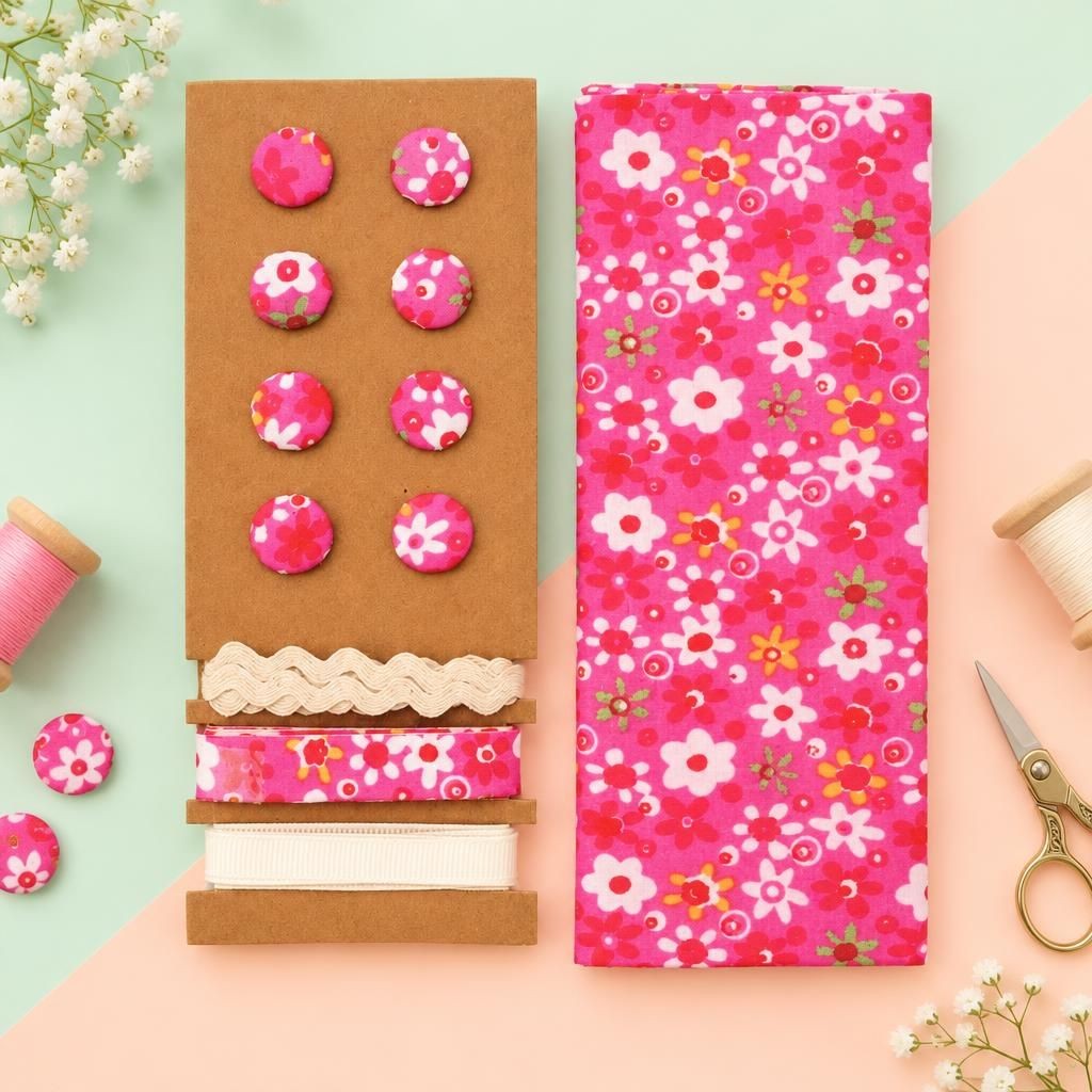 Generiert: [2df0e448-8e91-4991-82dd-a1c9122ac9d6:1] Hauptbild – Textil-Set pink, Blumen, 48x48cm Bänder 3x1m 8 Knöpfe