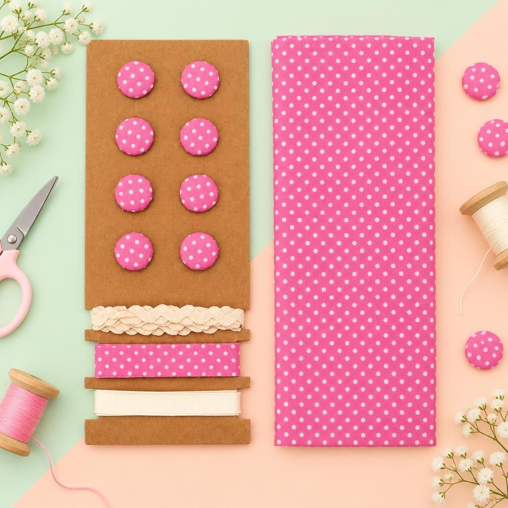 Generiert: [120bc9bc-95a0-414a-b799-a540d111b562:1] Hauptbild – Textil-Set pink Punkte, 48x48cm Bänder 3x1m 8 Knöpfe