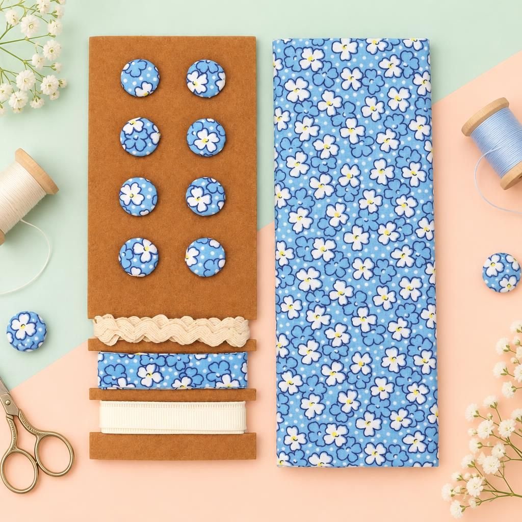 Generiert: [ae6fd2a1-ec68-475f-84fb-ed226b6e07b8:1] Hauptbild – Textil-Set blau Blumen, 48x48cm Bänder 3x1m 8 Knöpfe
