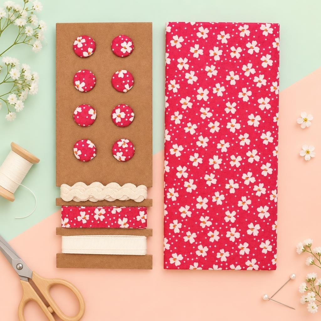 Generiert: [e597d562-d217-4d56-aff1-31b3c029675a:1] Hauptbild – Textil-Set himbeerrot, Blumen, 48x48cm Bänder 3x1m 8 Knöpfe