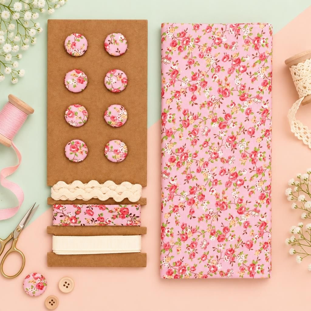 Generiert: [04d85a14-0a80-4f20-b79e-58e893f8a037:1] Hauptbild – Textil-Set rosa Blumen, 48x48cm Bänder 3x1m 8 Knöpfe