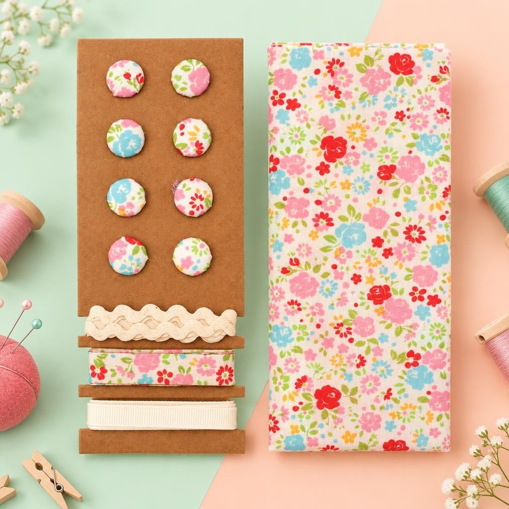Generiert: [42c5dc09-148a-4030-8cd6-229aedbc29a8:1] Hauptbild – Textil-Set bunt Blumen, 48x48cm Bänder 3x1m 8 Knöpfe