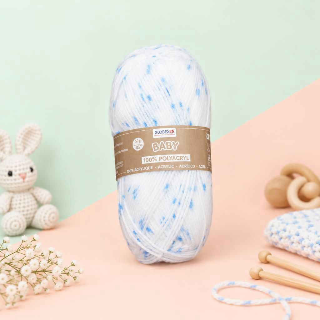 Generiert: [d2ded571-ec63-4c58-a186-47975f8f3967:1] Hauptbild – Baby 100% Acryl, 50g, weiss/blau gepunktet