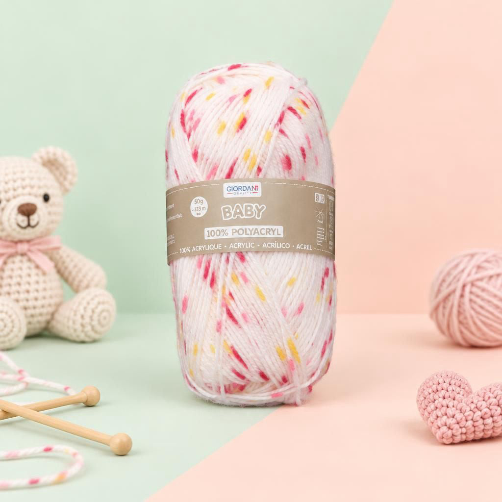 Generiert: [199cbb09-5d86-4694-a1f7-ca6f9aee9ac6:1] Hauptbild – Baby 100% Acryl, 50g, rosa/rot gepunktet