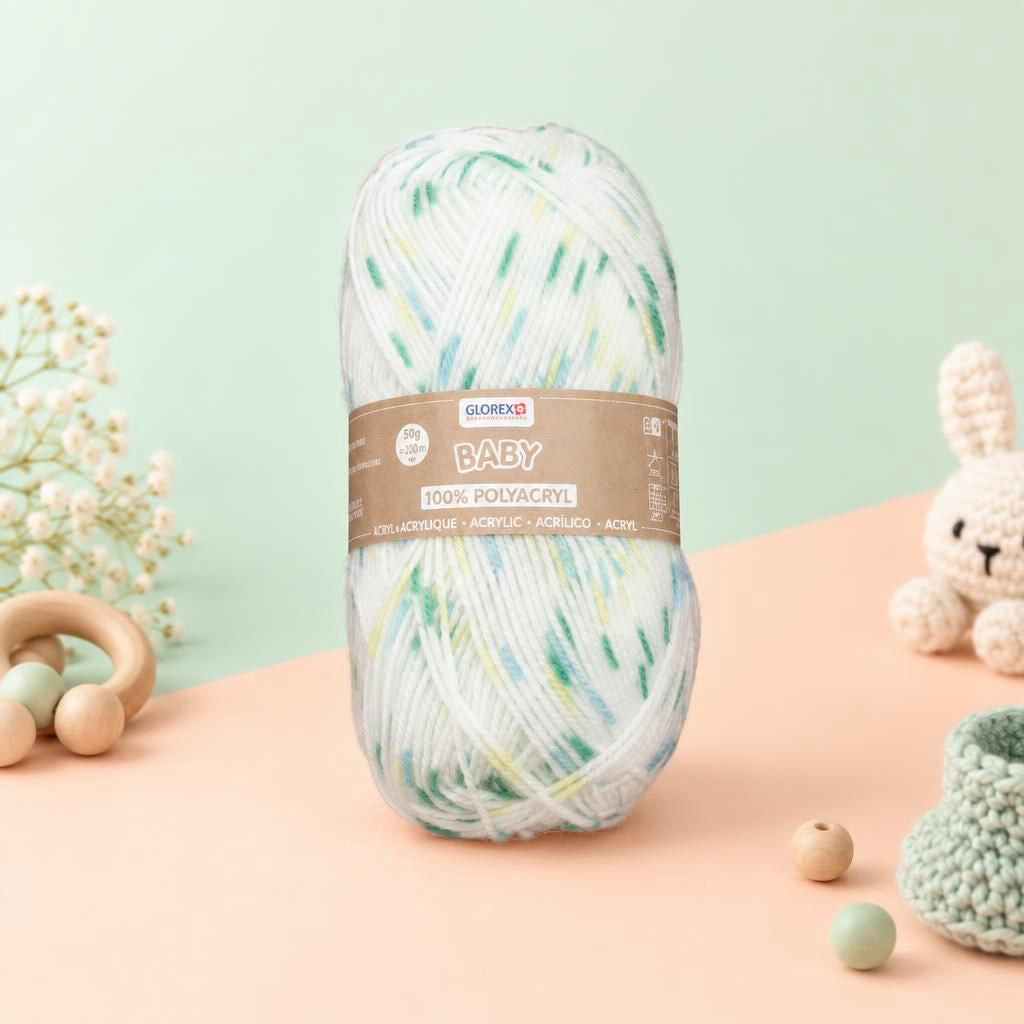 Generiert: [db0891df-0d4f-49cd-99dc-3a7eb6ba83b1:1] Hauptbild – Baby 100% Acryl, 50g, weiss/grün gepunktet