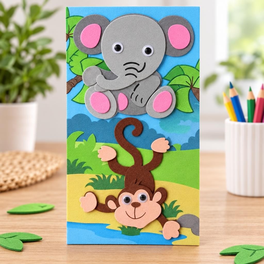 Fertiges Bastelwerk – 3D Moosgummi, Elefant/Affe