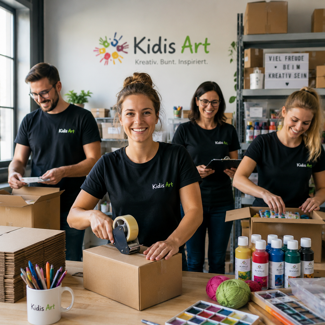 Kidis Art Mitarbeitende beim Verpacken von Bastelmaterial und Künstlerbedarf im Schweizer Lager