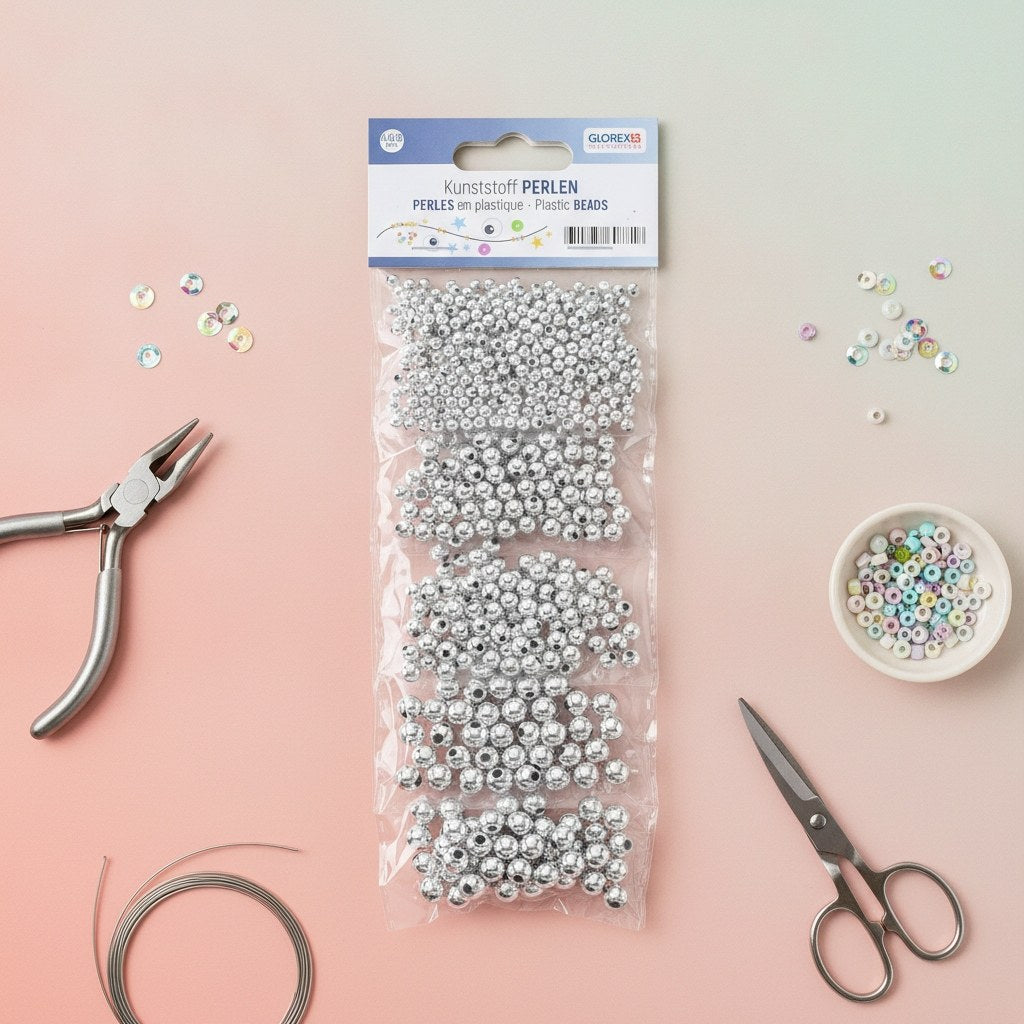 Kuststoffperlen-Set 4/6/8mm 630St, Silberfarben - Kidis Art