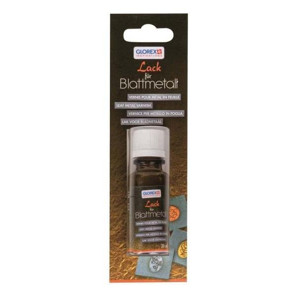 Glorex Lack für Blattmetall 20ml, dunkelbraunes Glas mit weißem Verschluss auf goldbraunem Marmorhänger