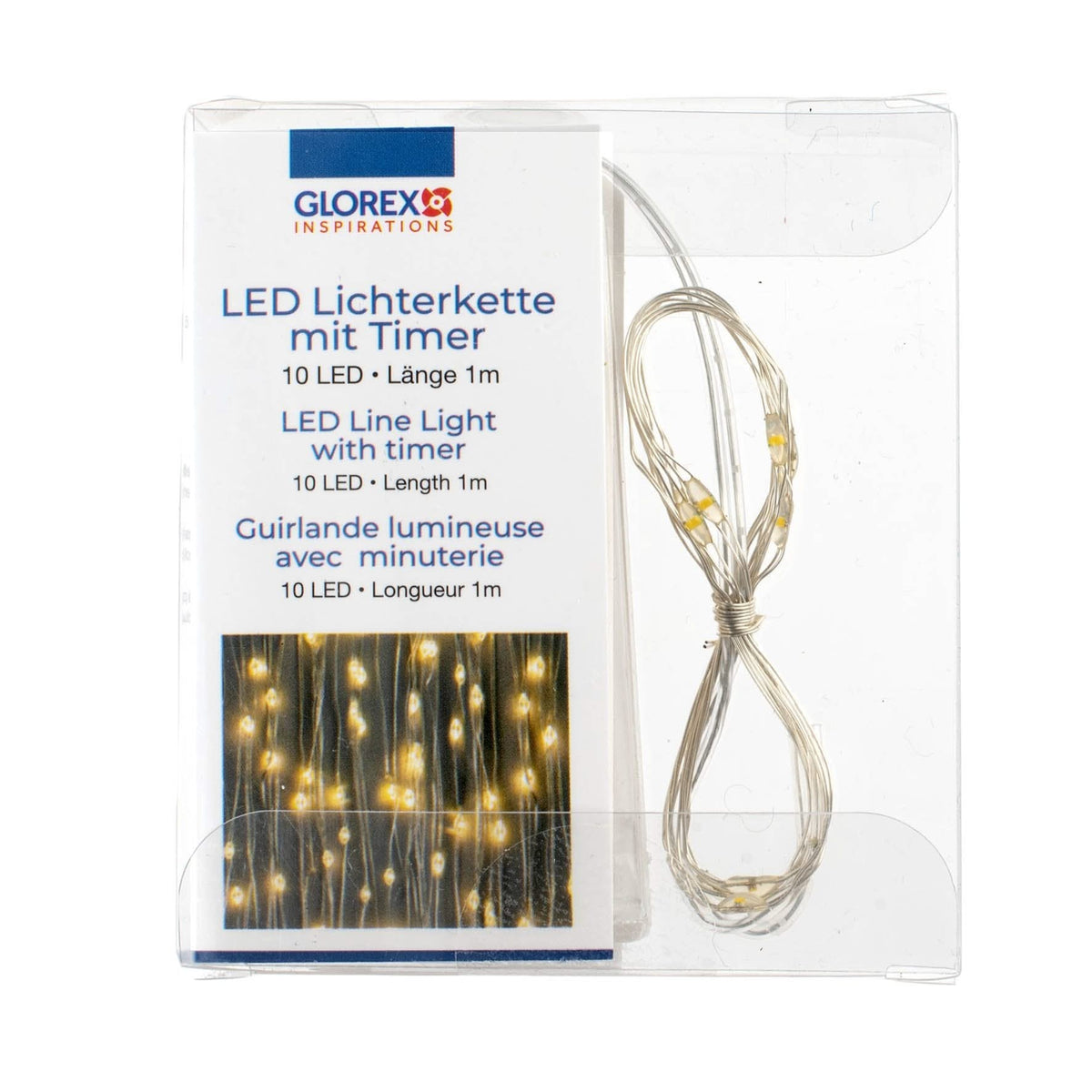 Gefaltete Glorex LED Lichterkette in transparenter Verpackung mit Timer und warmweißem Licht