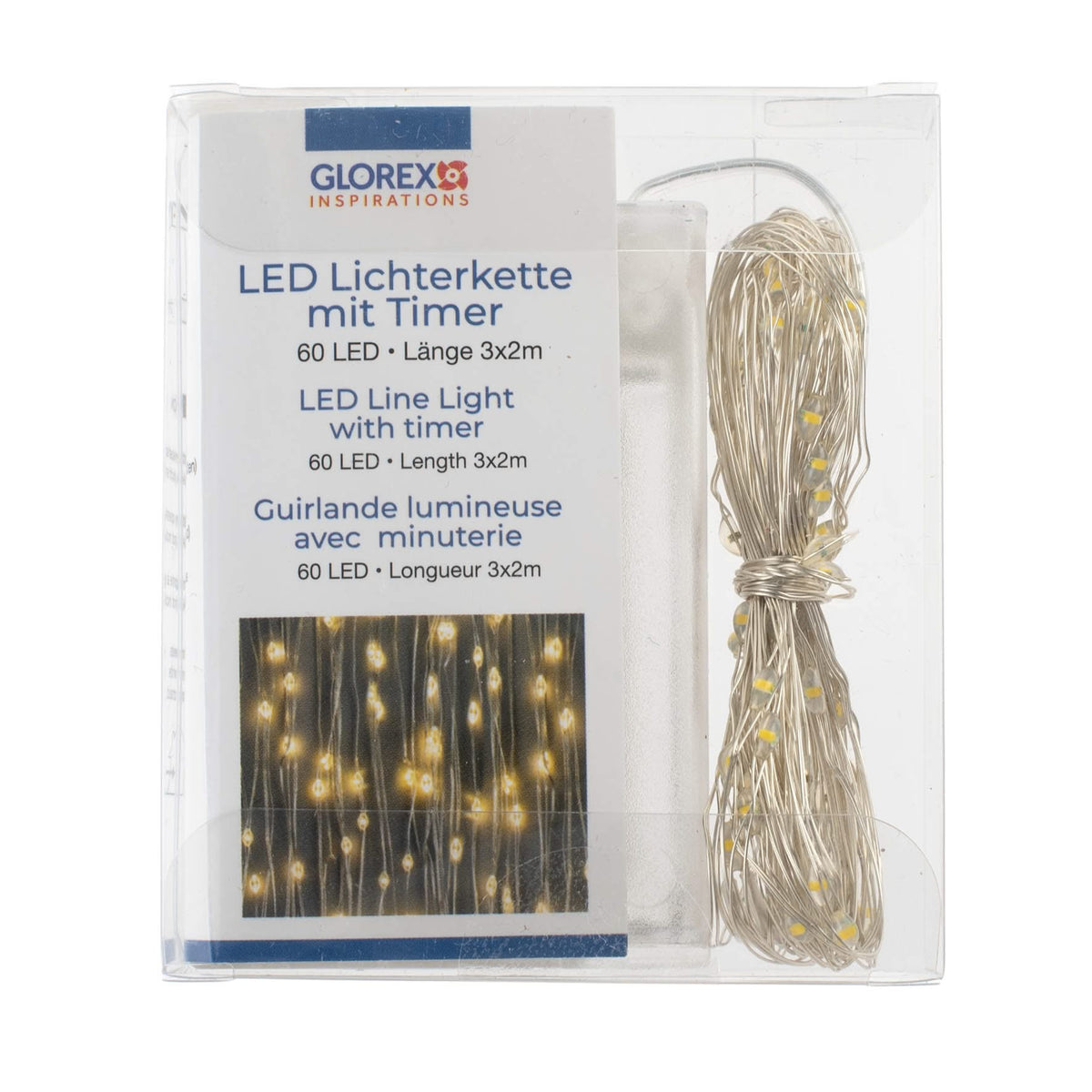 LED Lichterkette in transparenter Verpackung mit Timer und warmweißen LEDs