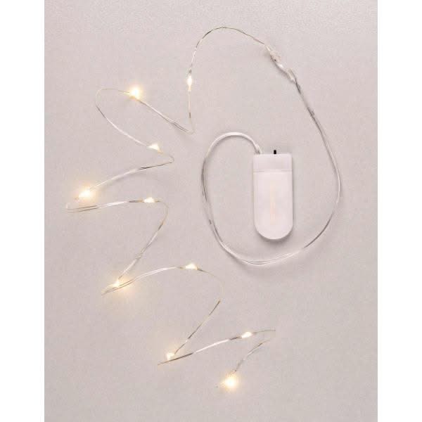 Kabellose LED-Mini-Lichterkette mit Timer und CR2032-Batterie, warmweißes Licht auf silbernem Draht