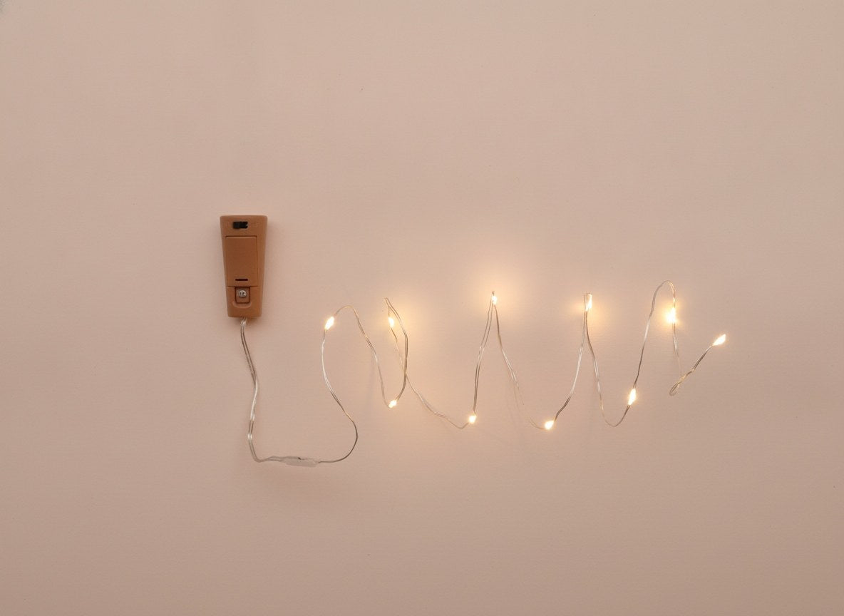 Nahaufnahme Batteriekastenhalterung mit Kupferdraht und warmweißen LEDs