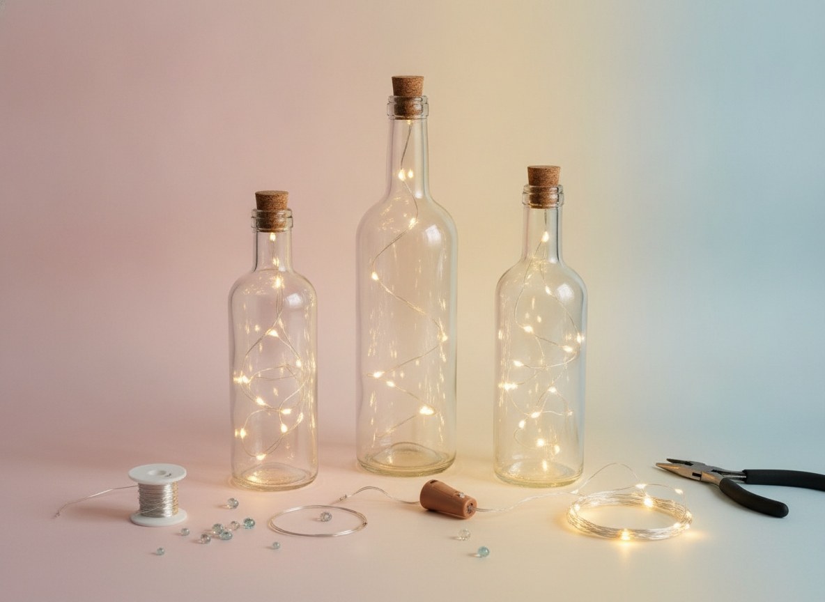 Warmweiße LED-Lichterkette in drei Glasflaschen mit Bastelutensilien