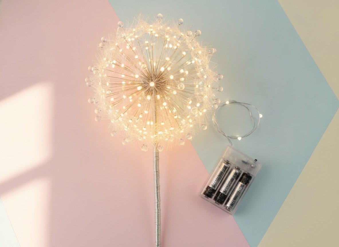 Kreative Doldenform aus leuchtenden warmweißen LEDs an dünnen Stielen