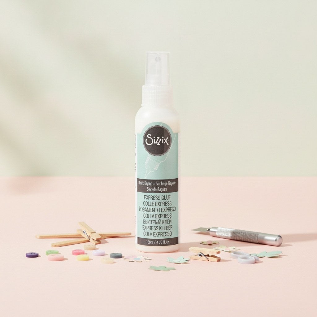 Sizzix Express Leim 120ml mit mintgrünem Etikett und transparentem Sprühkopf für präzise Basteldetails