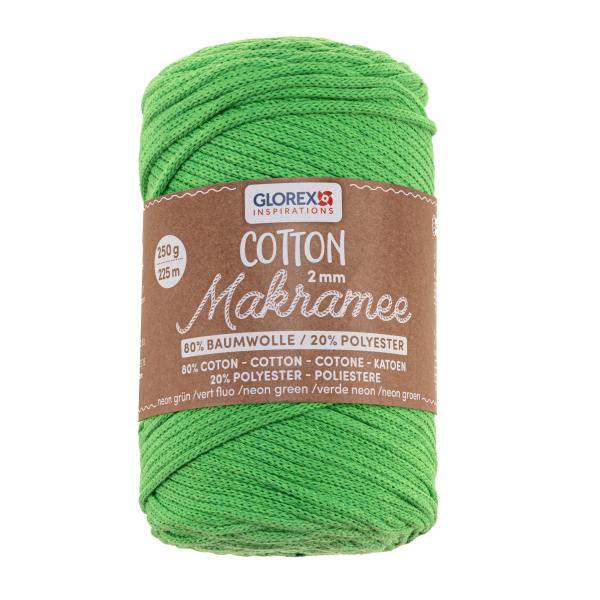 Eine Spule neonblaue 2mm "Glorex" Makramee Baumwollkordel, 250g, hergestellt aus 80% Baumwolle und 20% Viskose. Das Etikett ist mehrsprachig.