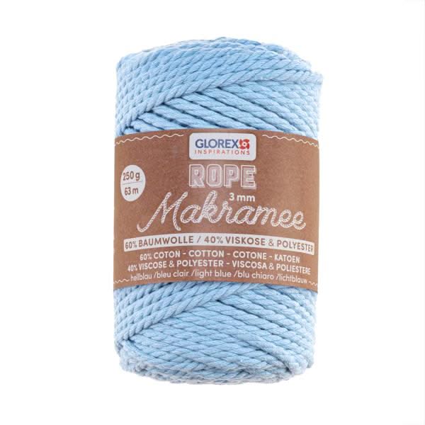 Makramee Rope 3mm 250g gedreht hellblau, 60% Cotton, 40% Vis. - Kidis Art
