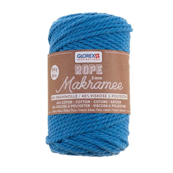 Makramee Rope 3mm 250g gedreht neon blau, 60% Coton, 40% Vis. - Kidis Art