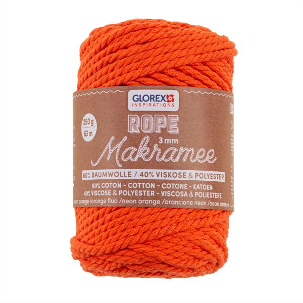 Makramee Rope 3mm 250g gedreht neon orange,60% Coton,40% Vis. - Kidis Art
