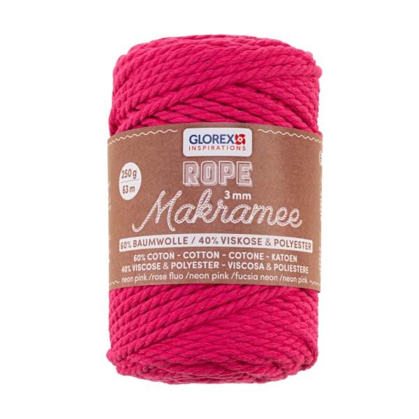 Makramee Rope 3mm 250g gedreht neon pink, 60% Coton,40% Vis. - Kidis Art
