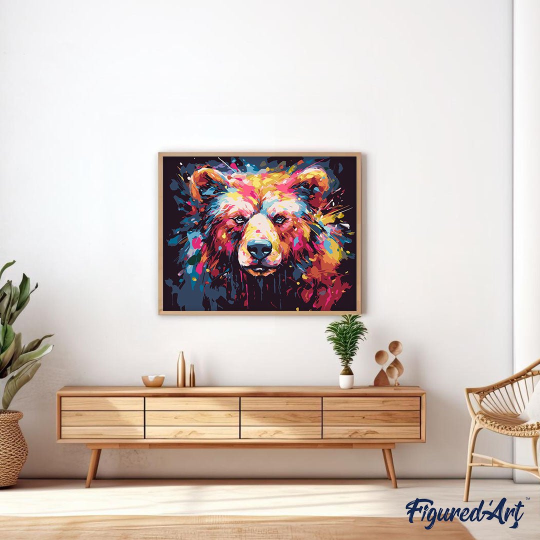 Malen nach Zahlen 40x50cm auf Keilrahmen gespannt Figured’Art Bär Farbenfroh Abstrakt - Kidis Art