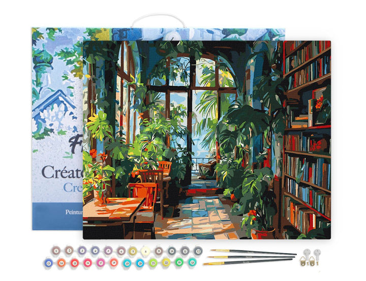 Malen nach Zahlen 40x50cm auf Keilrahmen gespannt Figured’Art Bibliothek im Gewächshaus - Kidis Art