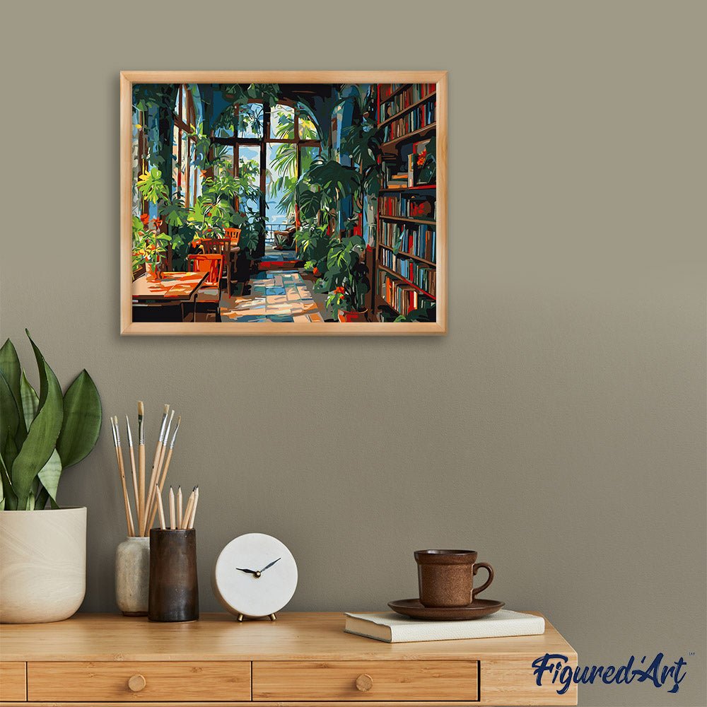 Malen nach Zahlen 40x50cm auf Keilrahmen gespannt Figured’Art Bibliothek im Gewächshaus - Kidis Art