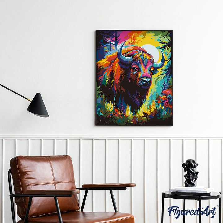 Malen nach Zahlen 40x50cm auf Keilrahmen gespannt Figured’Art Bison Farbenfroh Abstrakt - Kidis Art