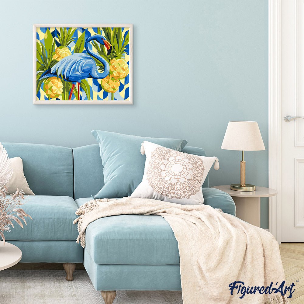 Malen nach Zahlen 40x50cm auf Keilrahmen gespannt Figured’Art Blauer Flamingo - Kidis Art