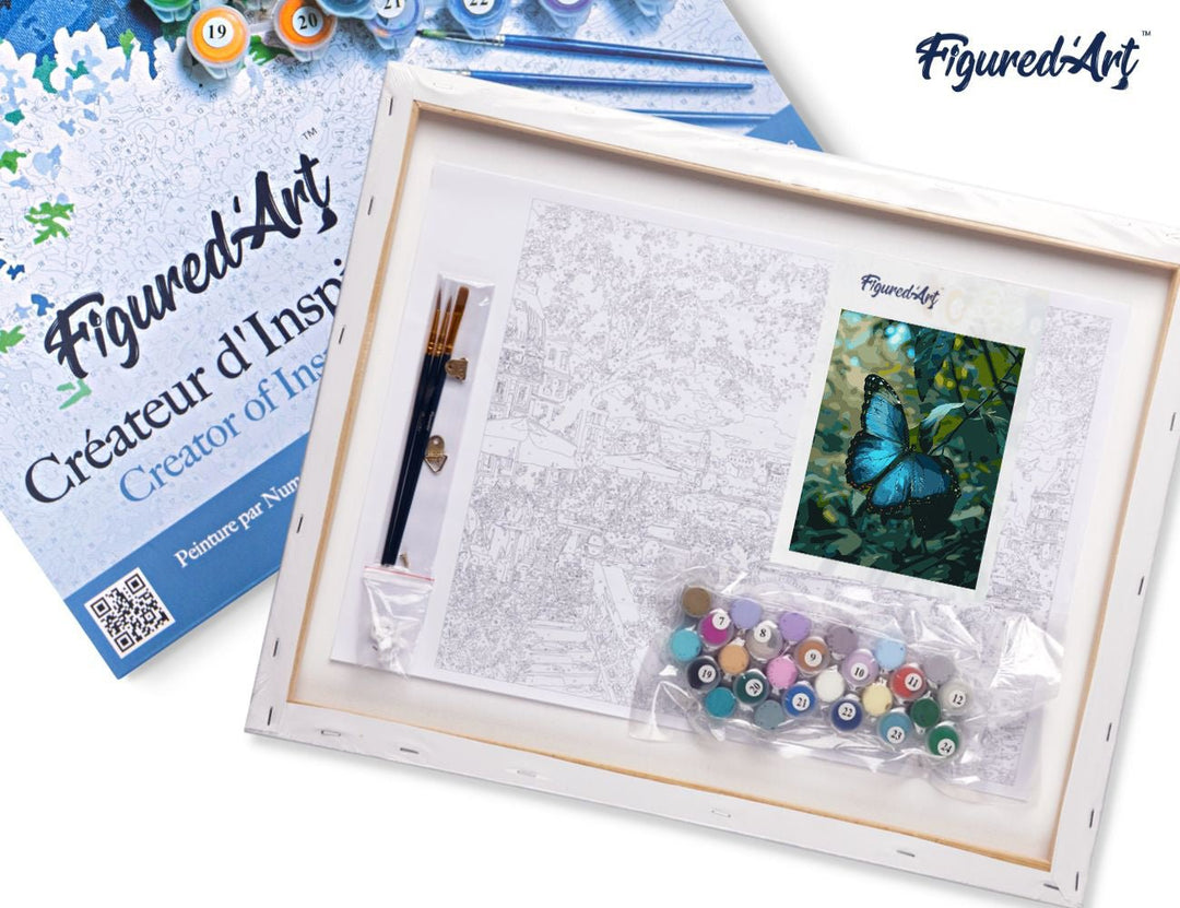 Malen nach Zahlen 40x50cm auf Keilrahmen gespannt Figured’Art Blauer Morpho Schmetterling - Kidis Art
