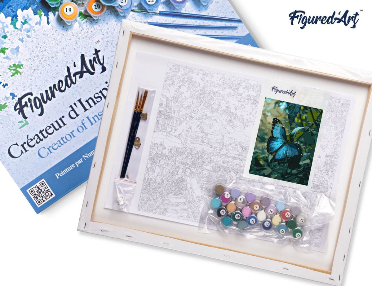 Malen nach Zahlen 40x50cm auf Keilrahmen gespannt Figured’Art Blauer Morpho Schmetterling - Kidis Art