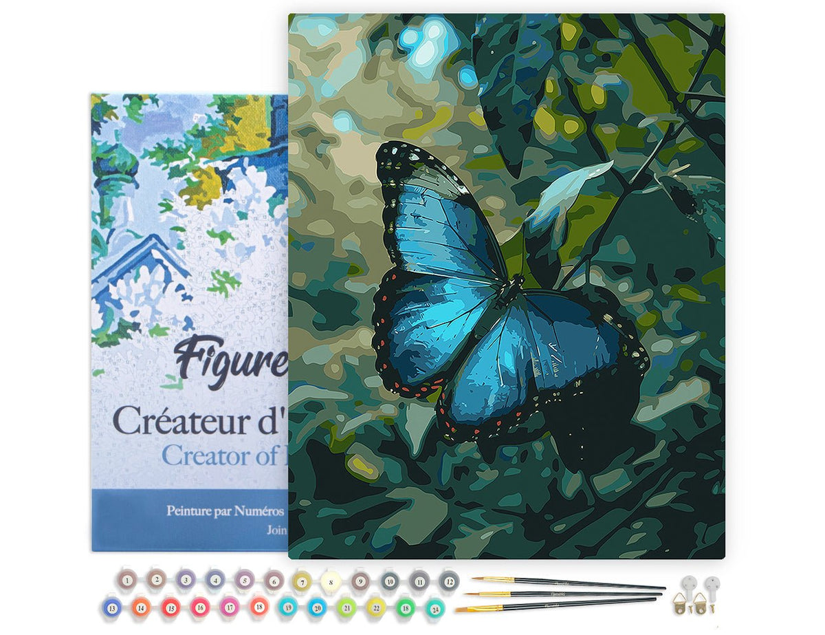 Malen nach Zahlen 40x50cm auf Keilrahmen gespannt Figured’Art Blauer Morpho Schmetterling - Kidis Art