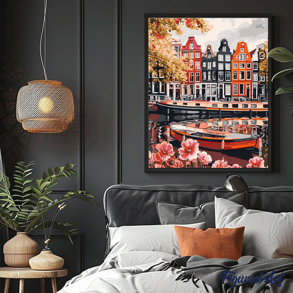 Malen nach Zahlen 40x50cm auf Keilrahmen gespannt Figured’Art Blick auf den Kanal in Amsterdam - Kidis Art