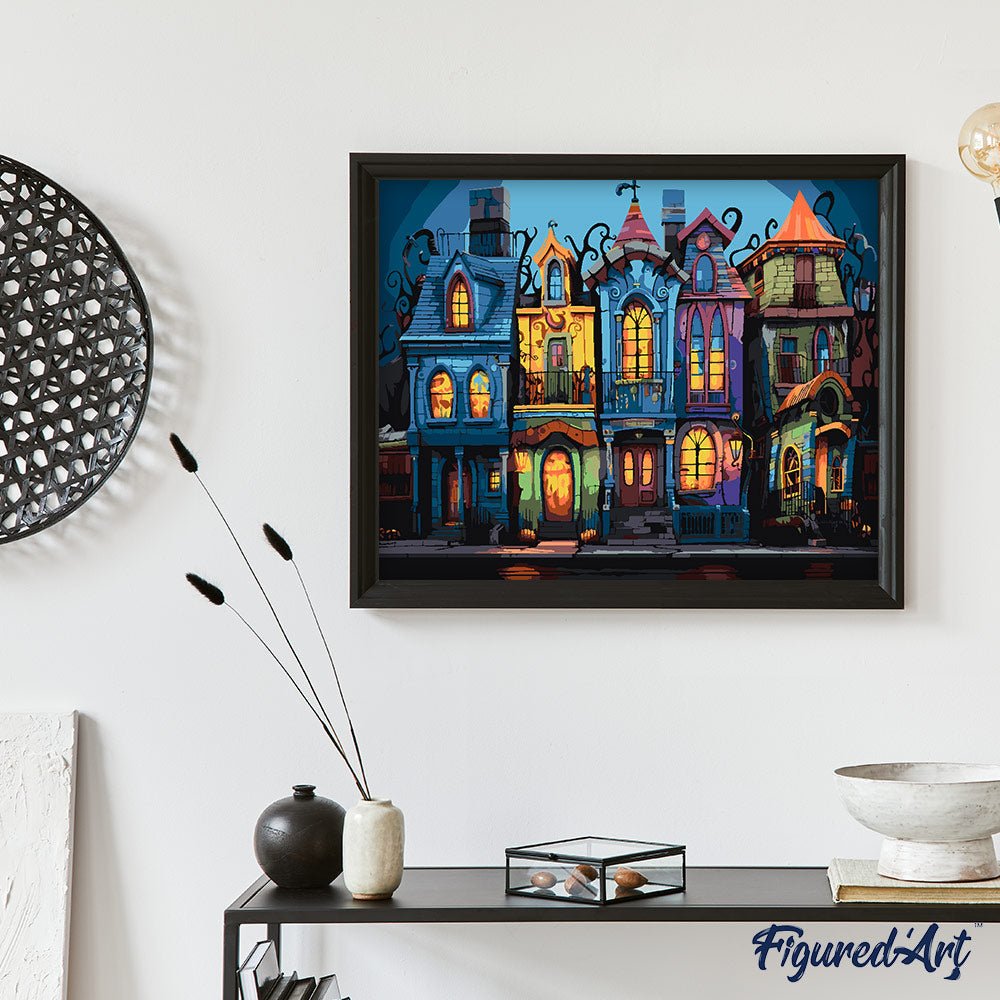 Malen nach Zahlen 40x50cm auf Keilrahmen gespannt Figured’Art Bunte Gotische Häuser - Kidis Art