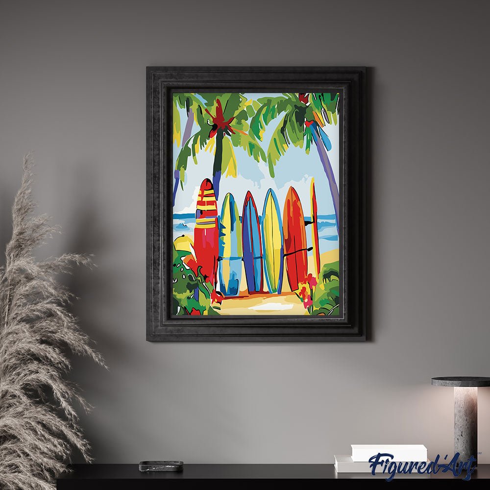 Malen nach Zahlen 40x50cm auf Keilrahmen gespannt Figured’Art Bunte Surfbretter - Kidis Art