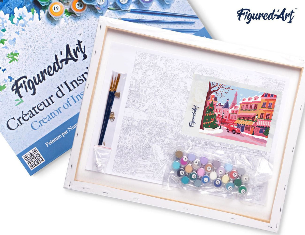 Malen nach Zahlen 40x50cm auf Keilrahmen gespannt Figured’Art Bunte Weihnachtsstadt - Kidis Art