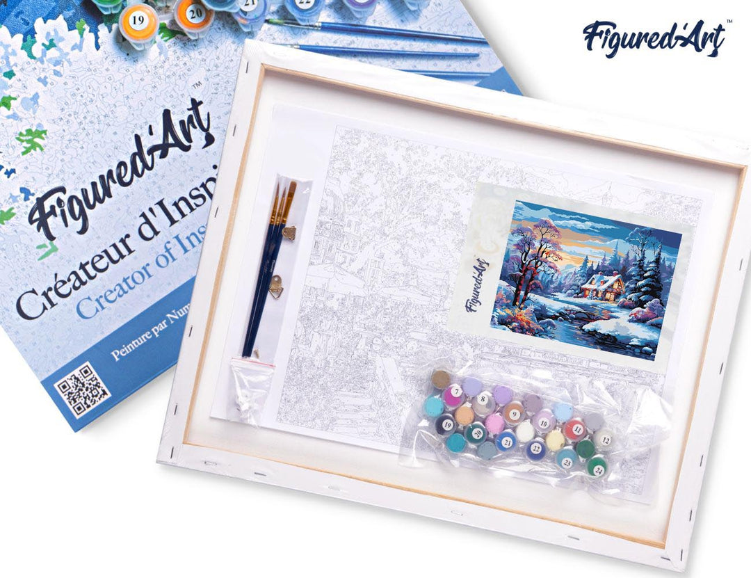 Malen nach Zahlen 40x50cm auf Keilrahmen gespannt Figured’Art Cottage am Fluss im Winter - Kidis Art