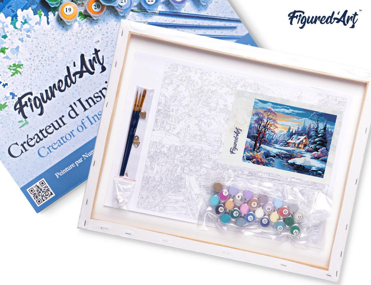 Malen nach Zahlen 40x50cm auf Keilrahmen gespannt Figured’Art Cottage am Fluss im Winter - Kidis Art