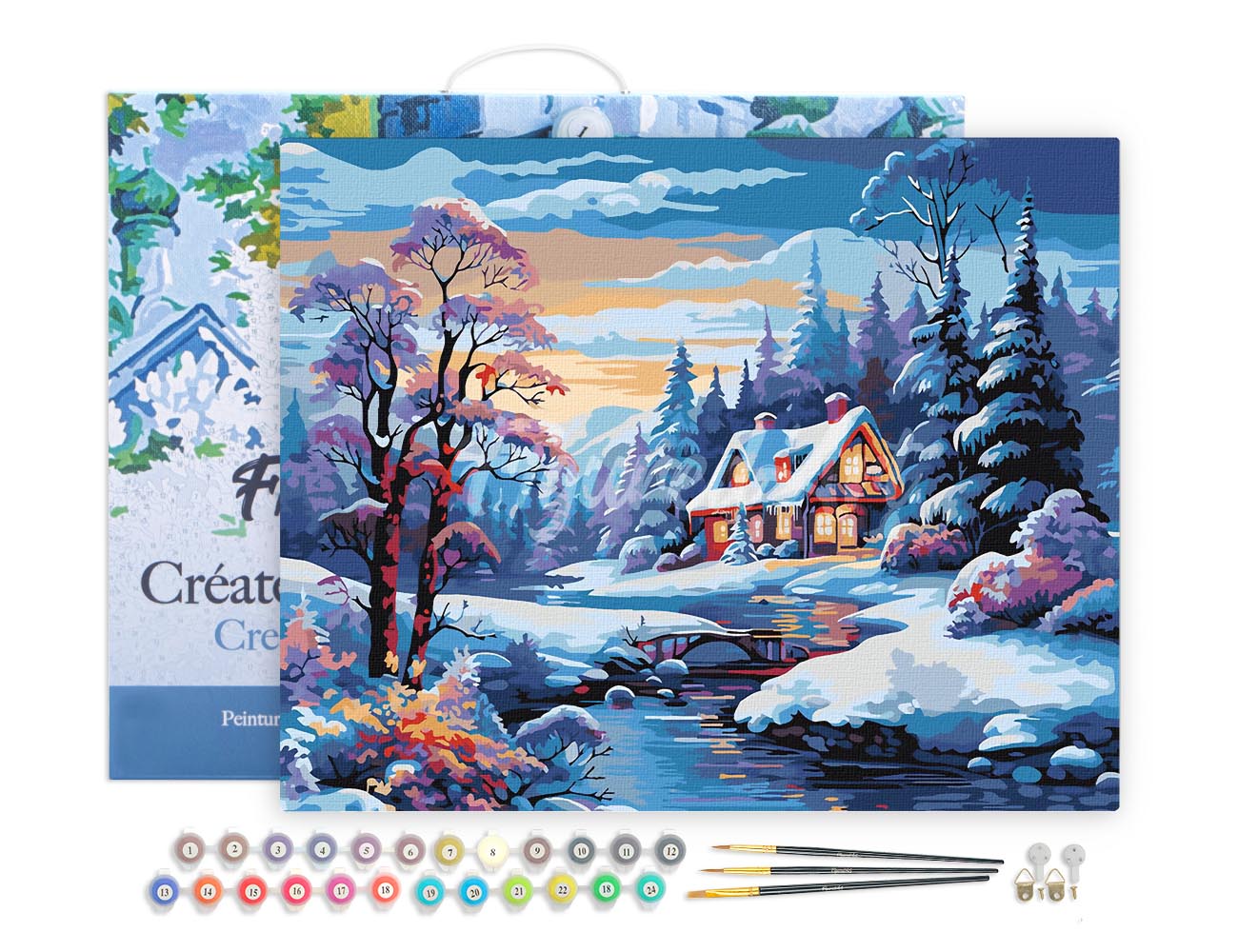 Malen nach Zahlen 40x50cm auf Keilrahmen gespannt Figured’Art Cottage am Fluss im Winter - Kidis Art