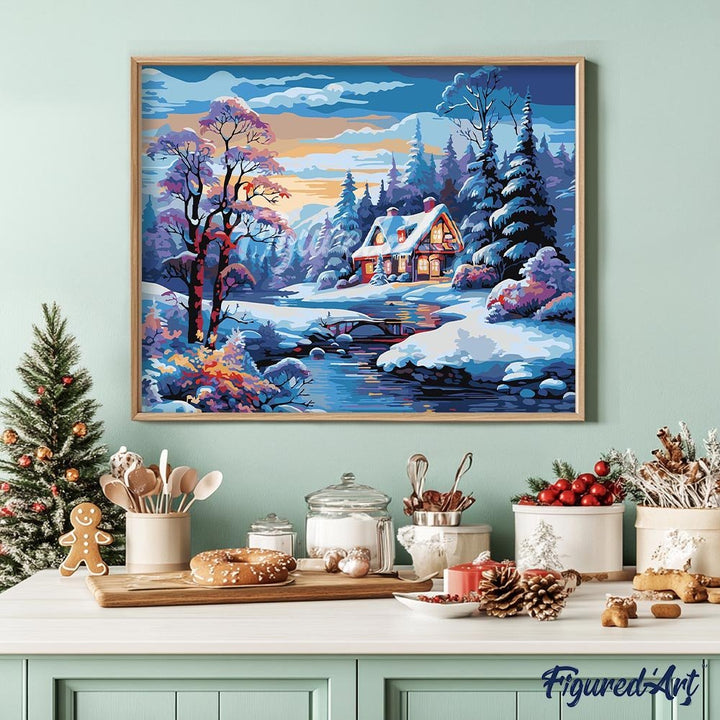 Malen nach Zahlen 40x50cm auf Keilrahmen gespannt Figured’Art Cottage am Fluss im Winter - Kidis Art