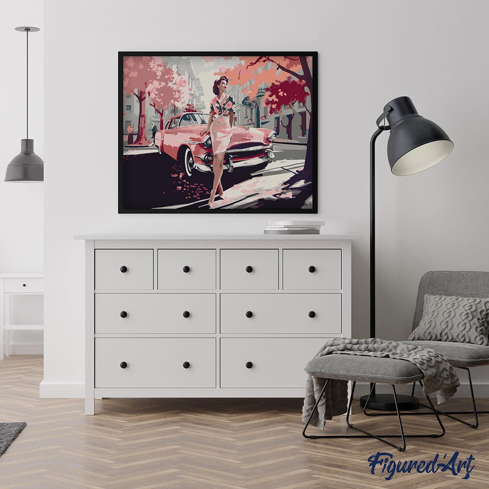 Malen nach Zahlen 40x50cm auf Keilrahmen gespannt Figured’Art Dame mit Rosa Oldtimer - Kidis Art