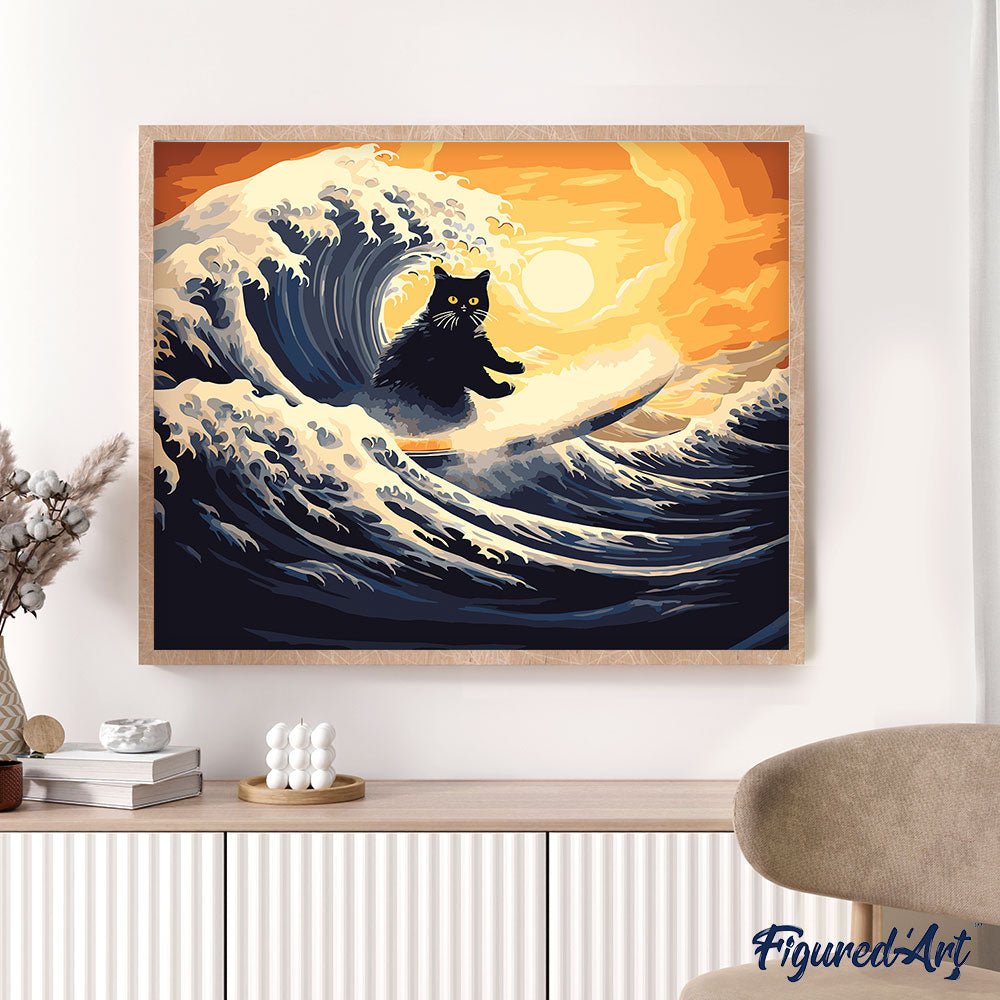 Malen nach Zahlen 40x50cm auf Keilrahmen gespannt Figured’Art Die grosse Welle der schwarzen Katze - Kidis Art
