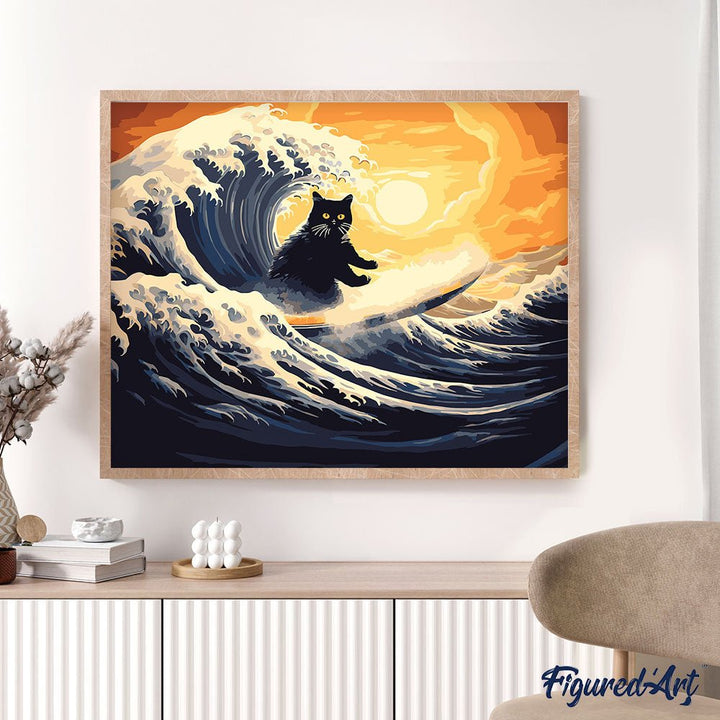 Malen nach Zahlen 40x50cm auf Keilrahmen gespannt Figured’Art Die grosse Welle der schwarzen Katze - Kidis Art