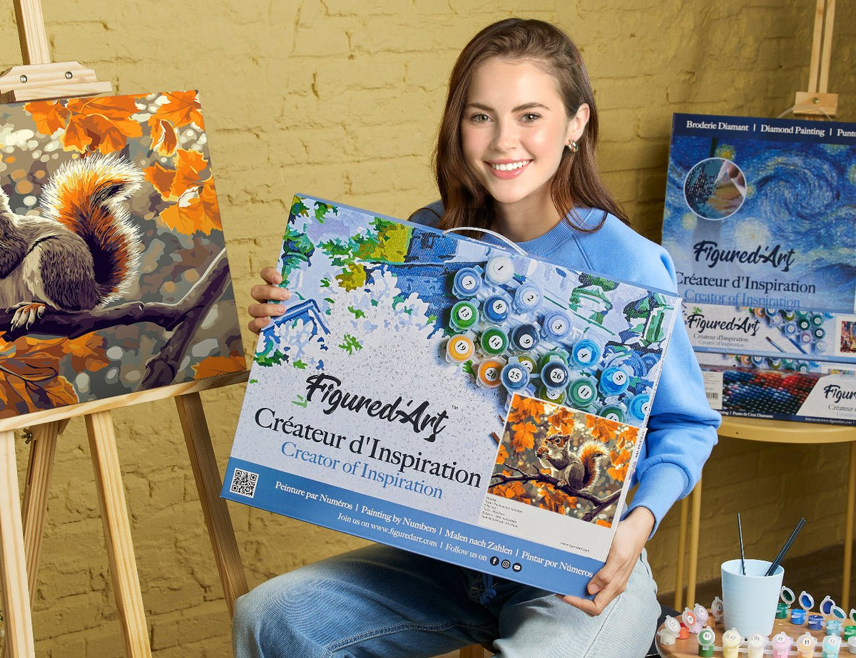 Malen nach Zahlen 40x50cm auf Keilrahmen gespannt Figured’Art Eichhörnchen im Herbst - Kidis Art