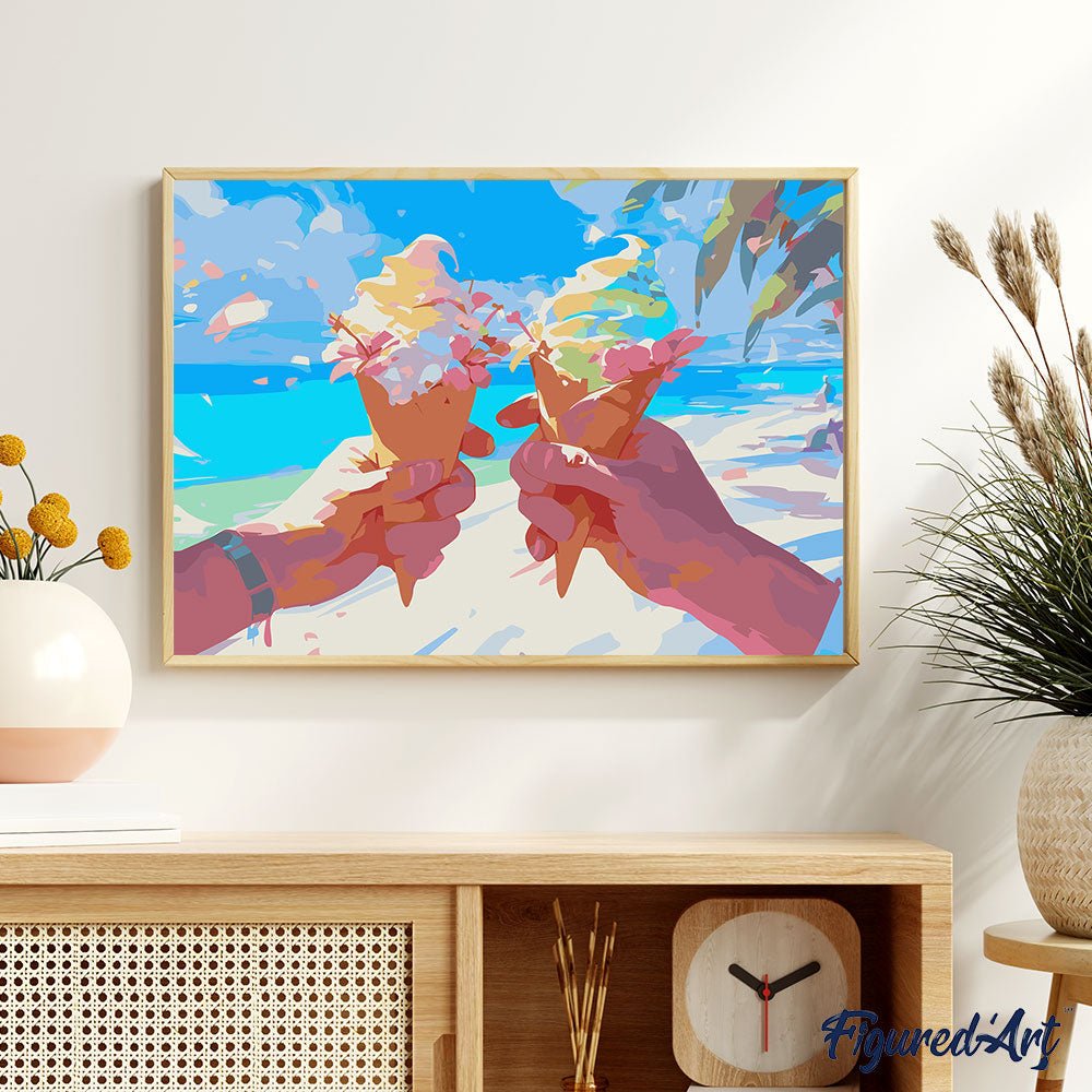 Malen nach Zahlen 40x50cm auf Keilrahmen gespannt Figured’Art Eiscreme am Strand - Kidis Art